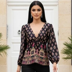 Alice & Trixie Womens Silk Boho Tunic Babydoll Top Size L Paisley Balloon Sleeve